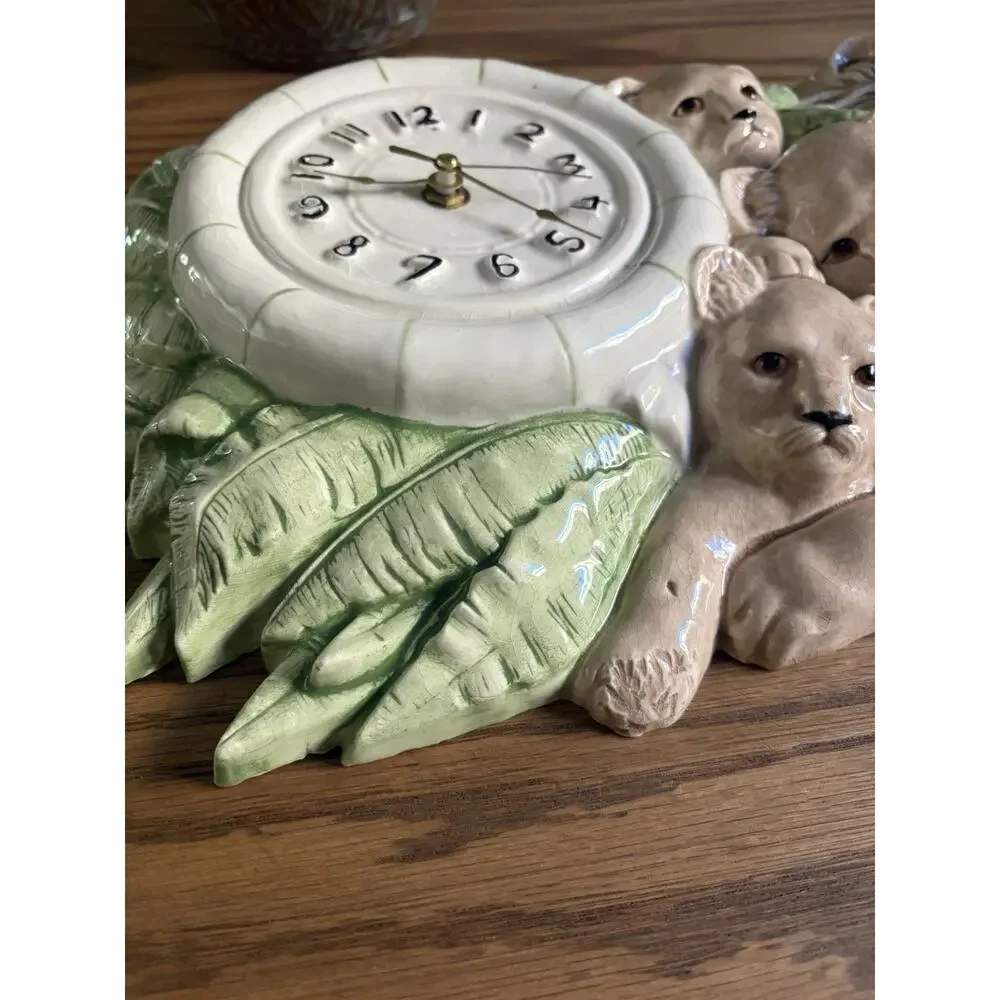 Vintage Holland Mold Ceramic Hand Painted Lion Clock Cottagecore Animal Clock